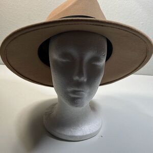 Felt Fedora Hat w/ Black Tie. Beige. OSFM